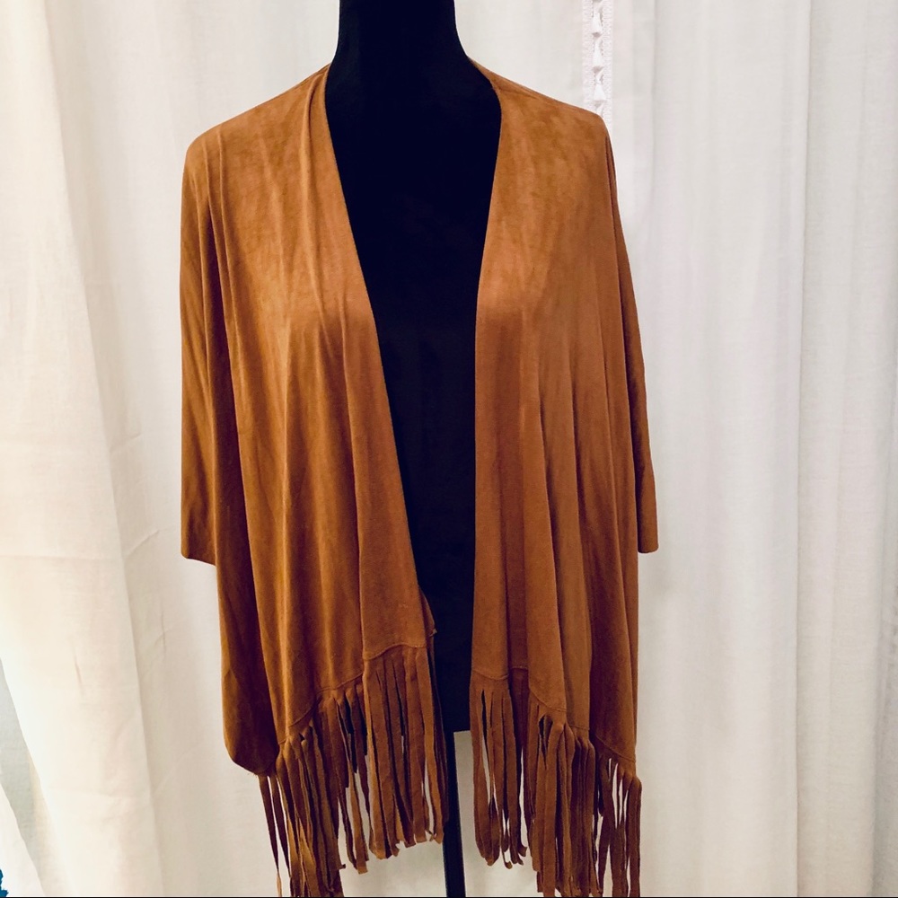 Brown suede fringe kimono.